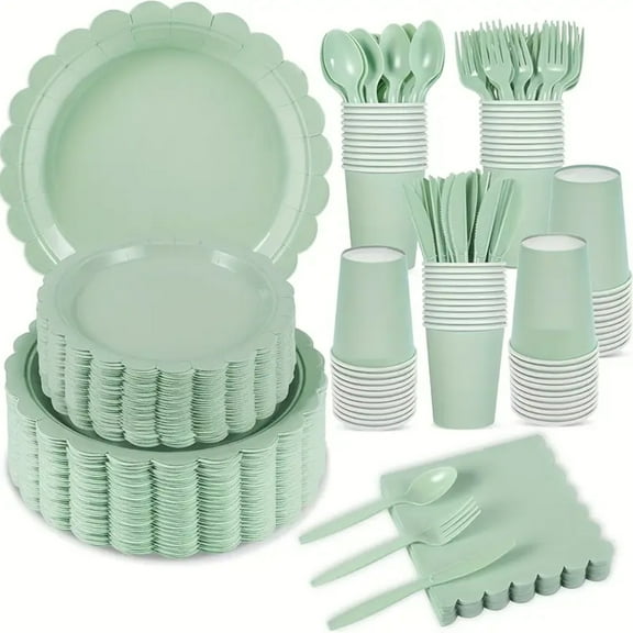 100 Pcs Paper Plates and Napkins, Green Party Supplies Include Green Scalloped Plate Paper Napkin Cup for Baby Shower, Wedding, Birthday