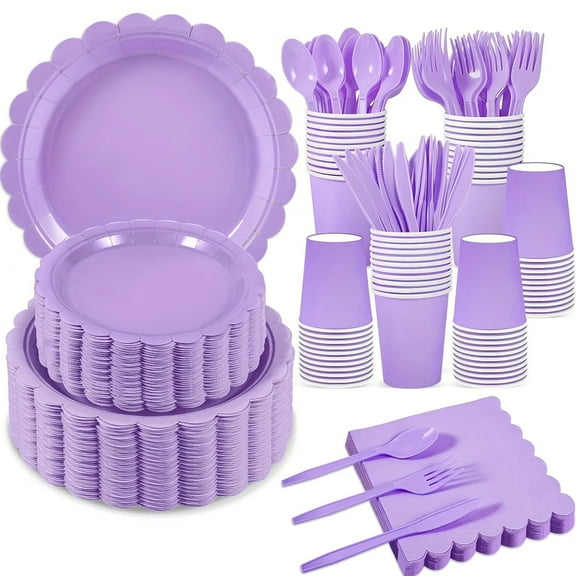 100 Pcs Paper Plates and Napkins, Purple Party Supplies Include Purple Scalloped Plate Paper Napkin Cup for Baby Shower, Wedding, Birthday
