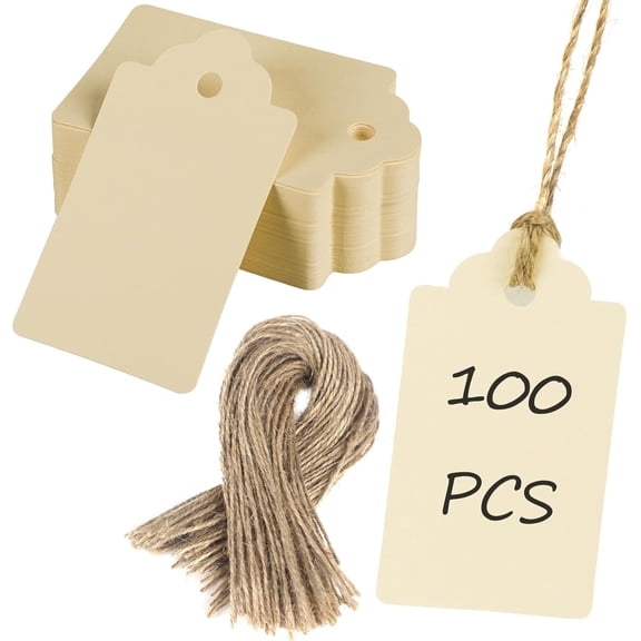100 Pcs Paper Tags with String Writable Beige Cardstock Price Tags with Jute Twine Hang Tag for DIY Crafts Clothing Christmas Wedding Birthday Blank Merchandise Marking Tag, 2 3/4" x 1 1/2"