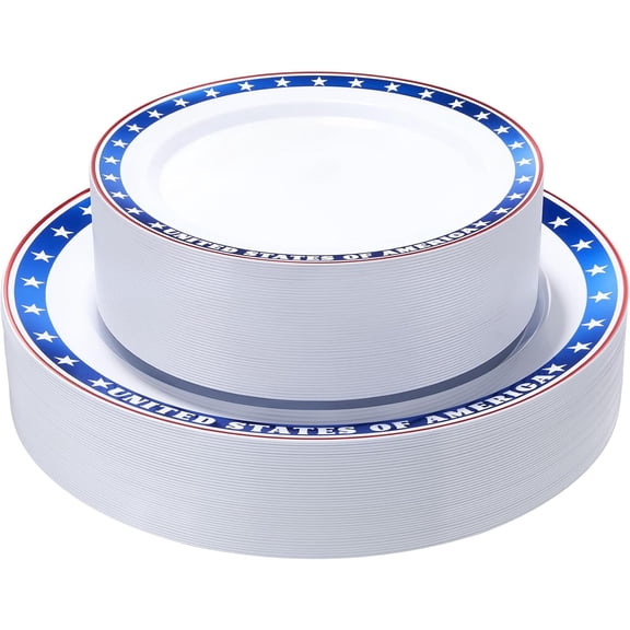 100 Pcs Patriotic Plastic Plates 10.25 Inch Dinner and 7.5 Inch Dessert
