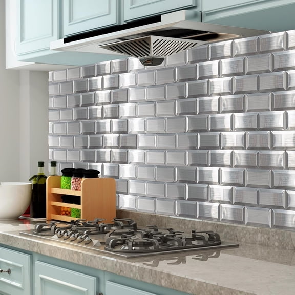 100 Pcs Peel and Stick Backsplash Tiles, 3D Textured Metal Stick On Subway Wall Tiles for Kitchen Back Splashes, Bathroom, Laundry Room, 3 x 6 Inch, Stainless