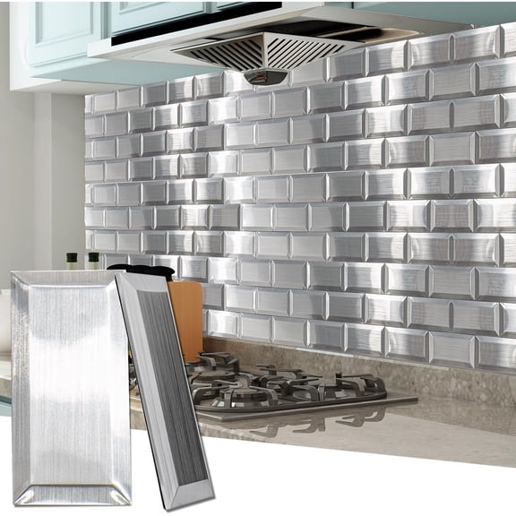 100 Pcs Peel and Stick Backsplash Tiles, 3D Textured Metal Stick On Subway Wall Tiles for Kitchen Back Splashes, Bathroom, Laundry Room, 3 x 6 Inch, Stainless