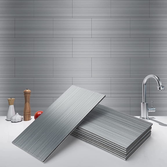 100 Pcs Peel and Stick Backsplash Tiles, 3D Textured Metal Stick On Subway Wall Tiles for Kitchen Back Splashes, Bathroom, Laundry Room, 3 x 6 Inch, Stainless