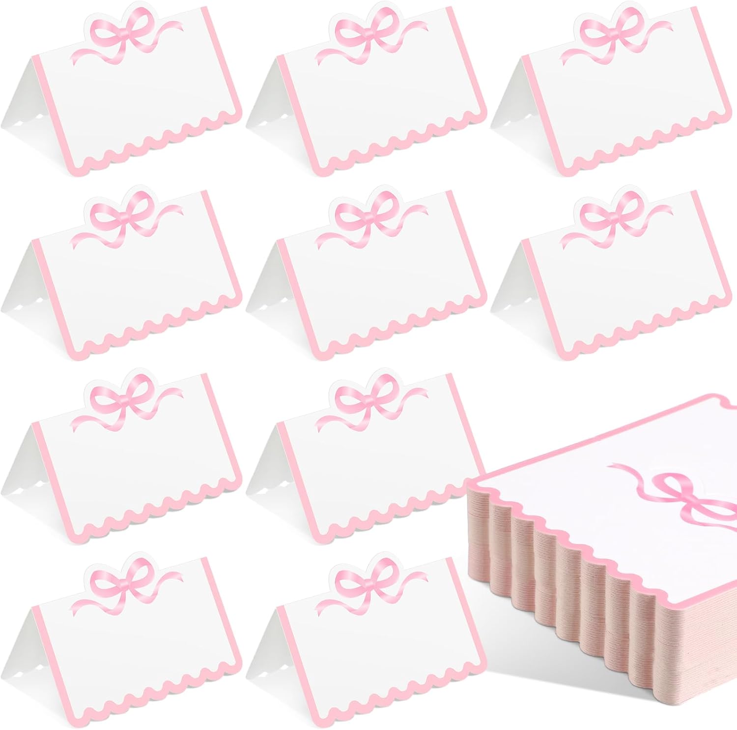 100 Pcs Pink Bow Place Cards 2 x 3.5 Inch Cute Scalloped Knot Tent Name ...