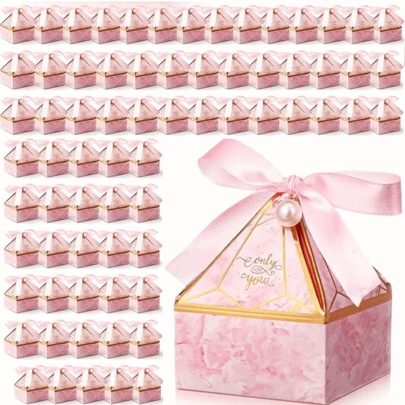 100 Pcs Pink Candy Favor Boxes,Suitable for Candies Cookies Chocolates,Gem Tower Design Pearl Paper Gift Boxes with Ribbons and Pearls for Wedding Engagement Anniversary Party Favors