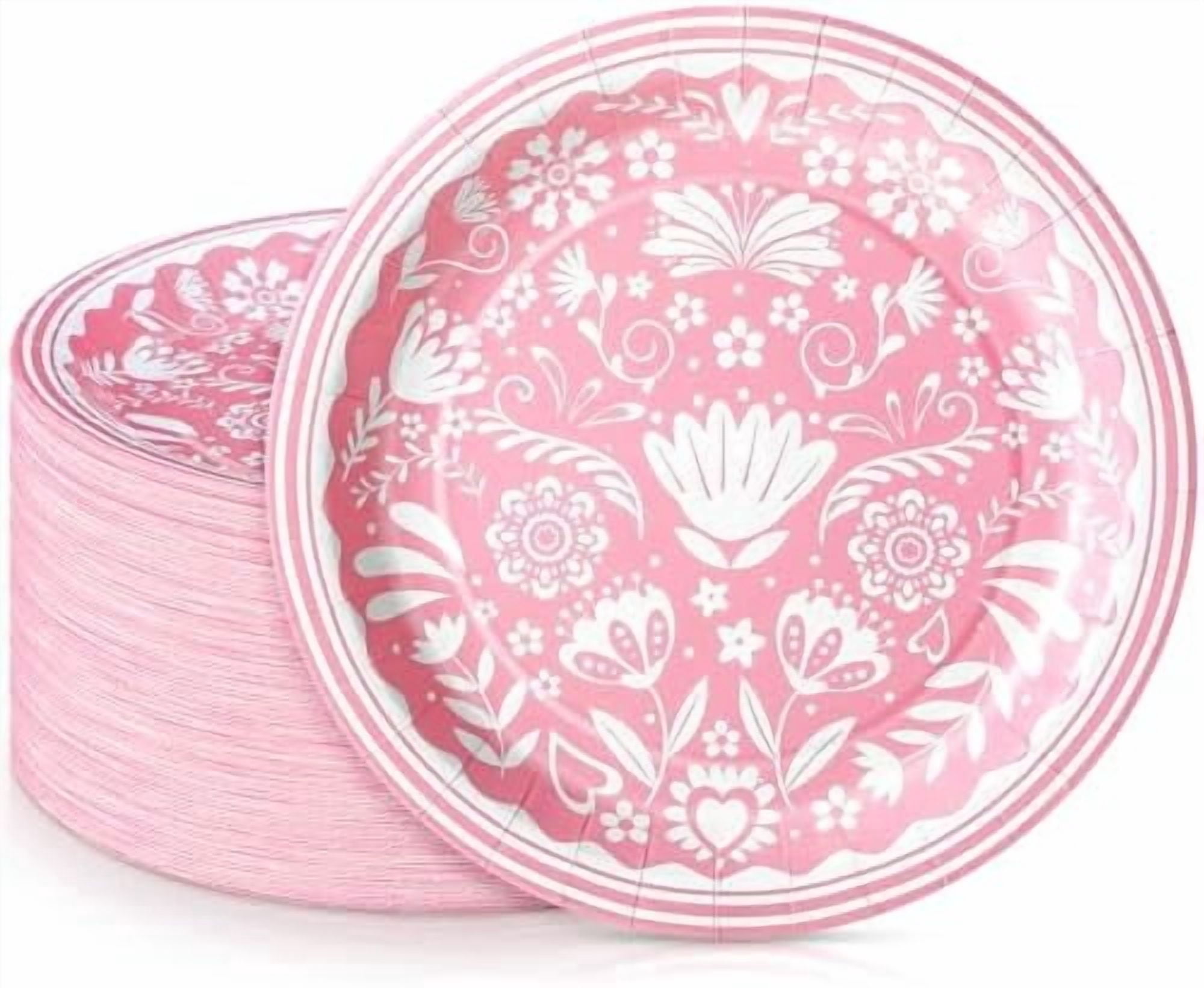 100 Pcs Pink Cielito Lindo Paper Plates 7 Inch Cinco De Mayo Cielito Lindo Baby Shower Decoration Mexican Floral Disposable Cake Dessert Plates for Fiesta Birthday Party Supplies