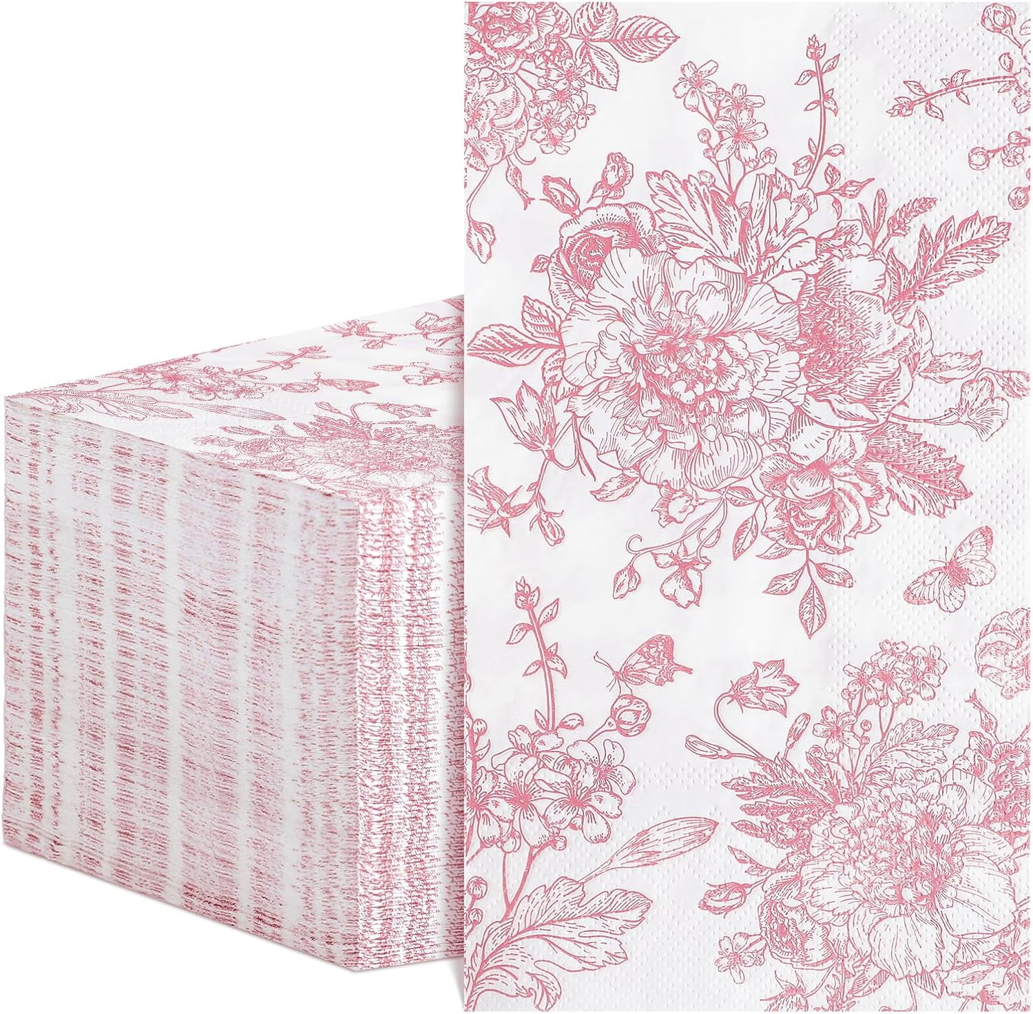 100 Pcs Pink Floral Napkins, Valentines Napkins Disposable Decorative Bathroom Napkin Pink Toile Guest Dinner Napkin for Wedding, Bridal Baby Shower, Tea Party