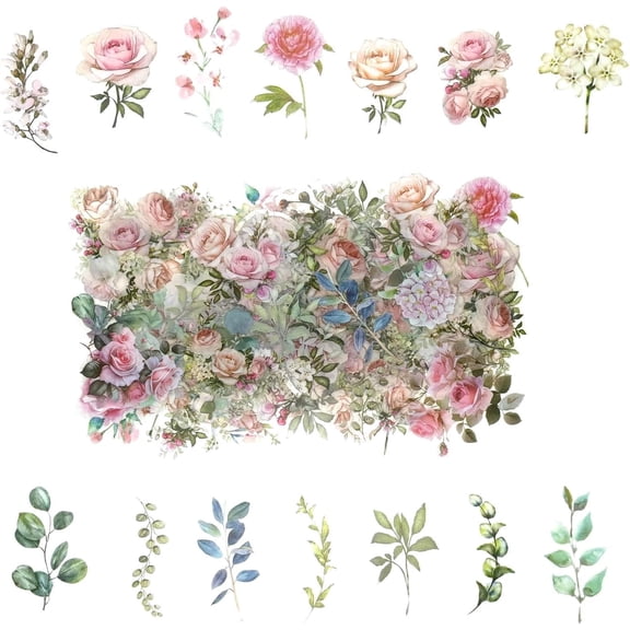 100 Pcs Pink Flower Stickers for Scrapbooking Junk Journal Notebook Diary Planner Letter Card Making Collage Envelope Water Bottle Phone Case Craft Decoration