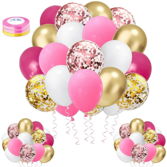 100 Pcs Pink Gold Confetti Balloons Kit,12 Inch Metallic Pink White Gold Party Balloons with Ribbons for Graduation Birthday Wedding Party Decorations (Pink Gold)