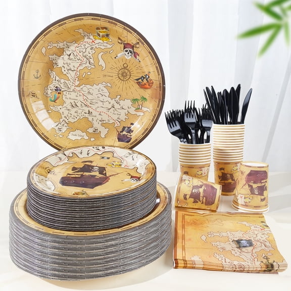 100 Pcs Pirate Treasure Map Theme Birthday Graduation PARTY plate Napkins Supplies For 16 Guests