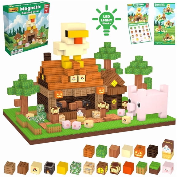100 Pcs Pixel World Magnetic Blocks, LED Farm House Set for Sandbox Game Fans