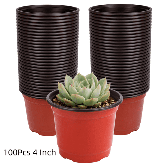 100 Pcs Plant Nursery Pots, 4" Plastic Plant Flower Pots, Seed Starting Pots with Drainage Holes Indoor Outdoor for Succulent Cutting Transplanting (Red)