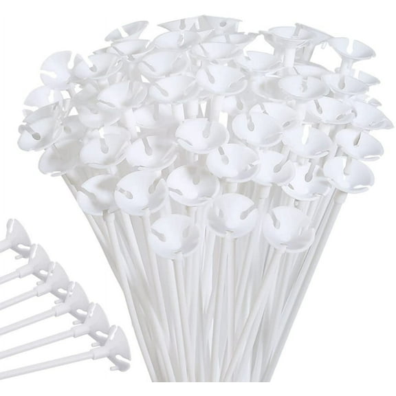 100 Pcs Plastic Balloon Sticks Holders with Cups for Birthday and Wedding Party Supplies, White, 12.6" Assembled Width