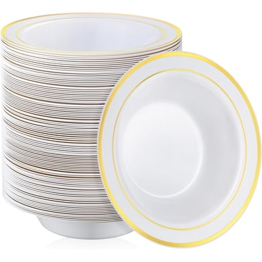 Goodluck 50-Pack Gold Rim Plastic Bowls - 12oz Disposable Soup & Dessert Bowls
