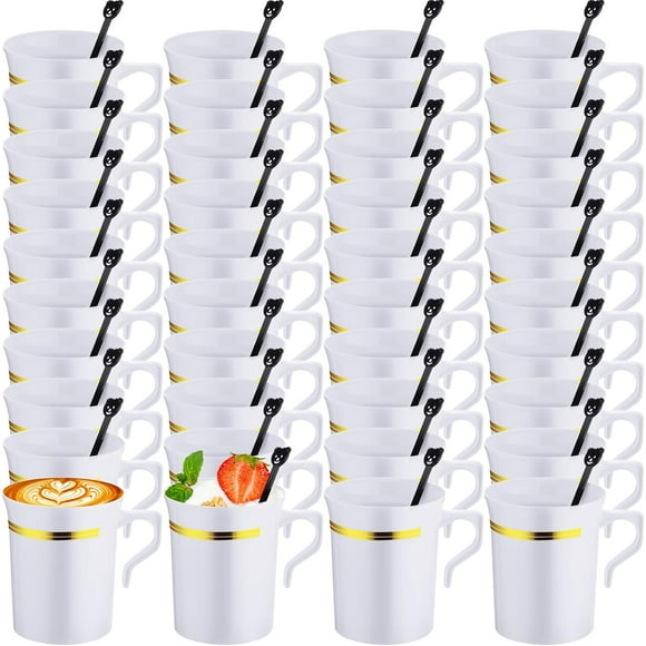 100 Pcs Plastic Coffee Tea Cups Reusable 8 oz White Coffee Mugs Bulk with Handle and Spoon with Gold Rim Espresso Cup for Tea Cafe Milk Dessert Shop