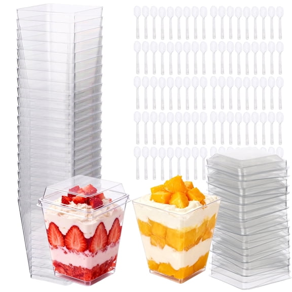 100 Pcs Plastic Dessert Cups, 5 oz Clear Square Parfait Cups with Lids and Spoons, Stylish Appetizer, Mini Food Containers for Yogurt, Pudding, Fruit, Ice Cream