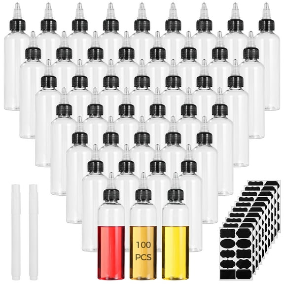 100 Pcs Plastic Squeeze Bottles, 4 oz Boston Dispensing Bottles, Transparent Condiment Bottles with Twist Top Caps, Squeeze Dropper Bottles with 10 Sheets Stickers and 2 Pens