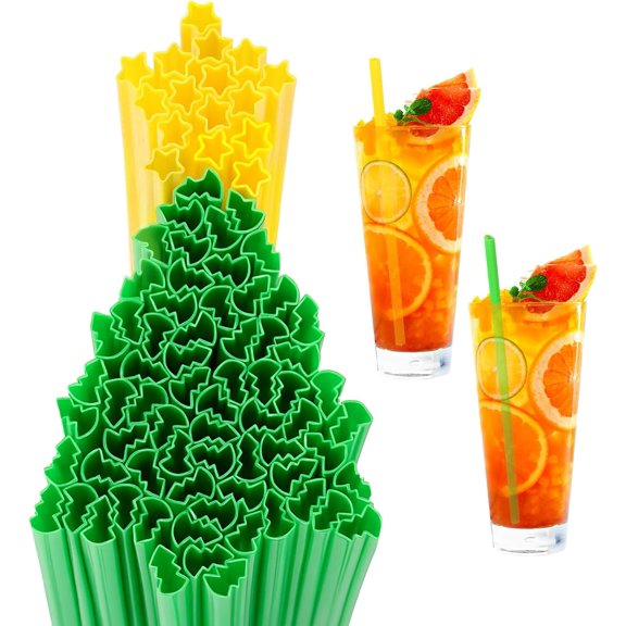 100 Pcs Plastic Straws Disposable Drinking Straw Bulk for Cocktail Summer Wedding Birthday Party Spooky Party Supplies(Green, Yellow,Star)