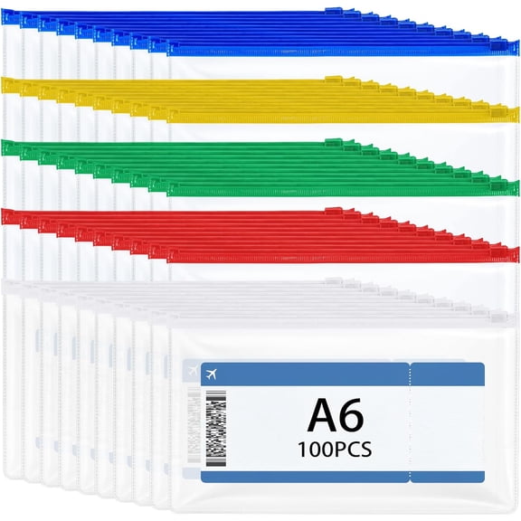 100 Pcs Plastic Zipper Envelopes Bulk, A6 Size Clear Plastic Pencil Pouch with Zipper, 9.25 x 4.72 Inch Reusable Bill File Bag for Cash, Money, Christmas OCC Shoeboxes Gifts (Multicolor)