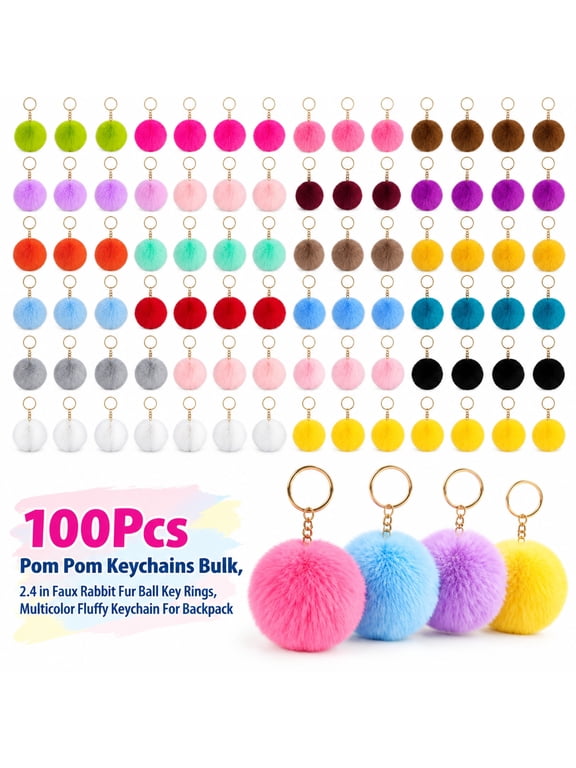 100 Pcs Plush Pom Pom Keychains, Mixed Color Fluffy Ball Bag Charms, Cute Zipper Pulls for Purse, Backpack, Keys, DIY Craft Accessories for Women, Party Favors