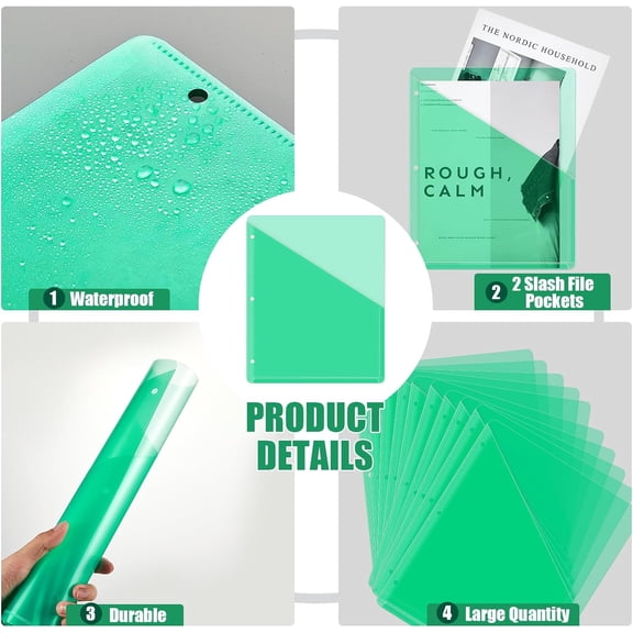 100 Pcs Pocket Folders for 3 Ring Binder Clear Plastic Folders Sleeves with 2 Pockets 3 Hole Punch Binder Dividers Poly Slash File Jackets for Office School Document Organizer (Green)