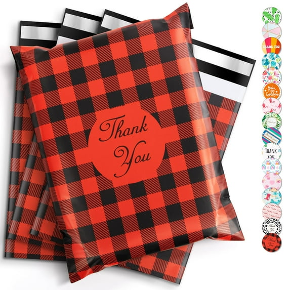 100 Pcs Poly Mailers Set - 15x20 Red Checked Self Adhesive Shipping Bags - Small Business Large Mailing Envelopes Tear Resistant