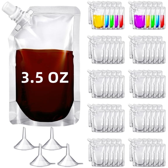 100 Pcs Portable Liquor Pouches with Funnel,Leak-Proof Drink Container,3.5 Oz Plastic Beverage Flasks,Reusable Squeeze Pouches,Concealable Juice Bag,for Travel Concert Party By Scheam