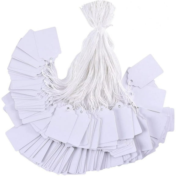 100 Pcs Price Tags with String Attached, White Price Display Tags with String, Writable Label Hang Tags for Pricing Gift Jewelry Clothing Yard Sale Garage Supplies 1.37 x 0.87"