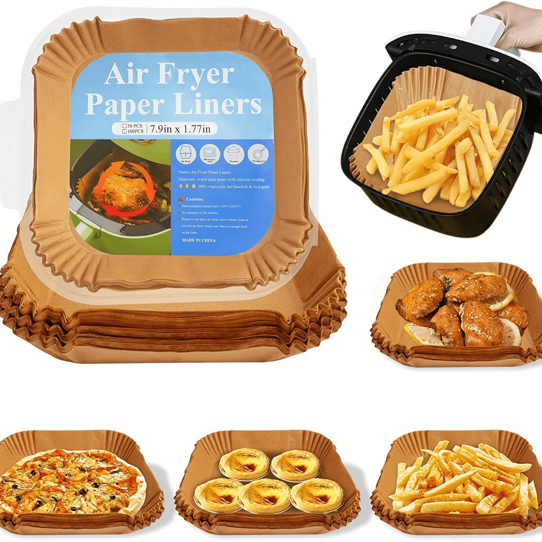 Frying Paper 100 Pcs QuadrateAir Fryer Disposable Paper Liners, Parchment Cooking ...