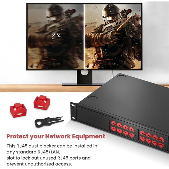 100 Pcs RJ45 Port Lock with 10 Key, Locking RJ45 Port/Dust Blocker, RJ45 Dust Cover Cap Female Port Plugs Protector, Compatible RJ45 Port Devices, Red