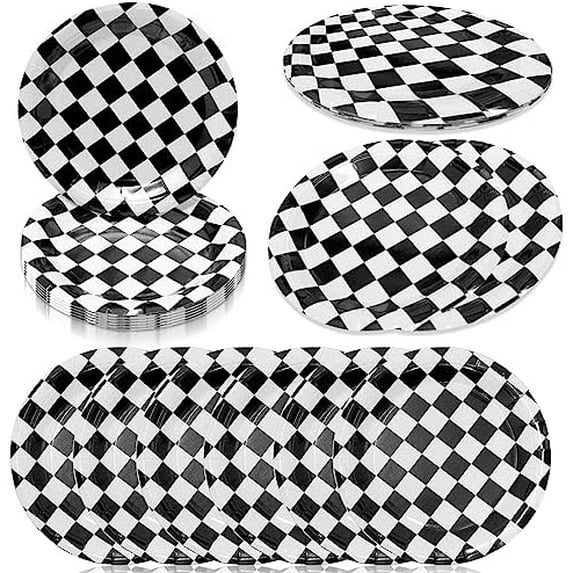100 Pcs Race Car Plates 7" Black and White Checkered Paper Plates Disposable Dessert Dinner Plate for Race Fans Kids Race Car Themed Birthday Party Baby Shower Favors Supplies