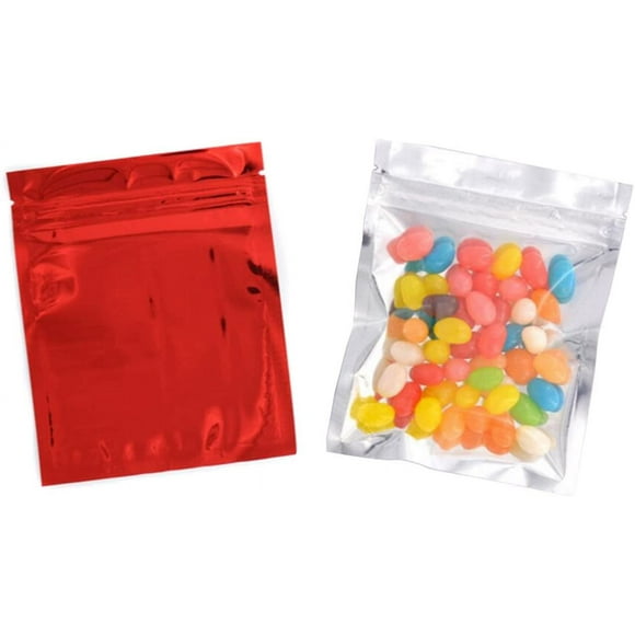 100 Pcs Reclosable 10.2x12.7 cm/4x5inch Clear Colorful Mylar Foil Flat Zipper Bag Sample Pouch Heat Sealable Aluminum Foil Bags Food Storage Coffee Candy Foil Grip Seal Wrap (Red)