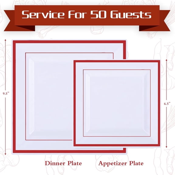 100 Pcs Red Disposable Plates Square Plastic Dinnerware Set 50 Guests 9.5, 6.5 in Heavy Duty Plastic Dinner Plates for Graduation Wedding Party Christmas(Red Rim)