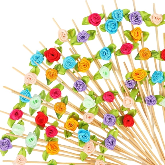 100 Pcs Red Rose Flower Fancy Toothpicks for Appetizers,Happon 4.7 Inch Long Bamboo Cocktail Picks,Party Cocktail Picks,Food Fruit Drinks Cake Decorative Skewer Sticks (Multicolor Roses)