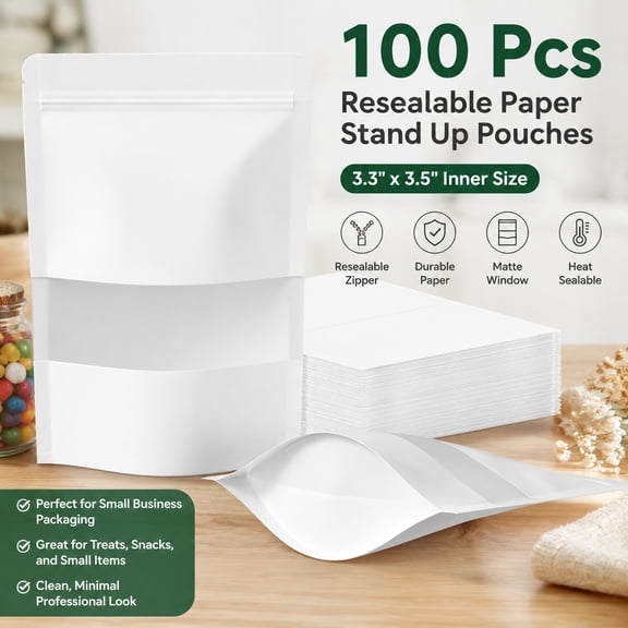 100 Pcs Resealable Paper Stand Up Pouches with Matte Window, Zipper & Heat Sealable Treat Bags for Small Business Packaging, 4.9" x 5" Inner Size