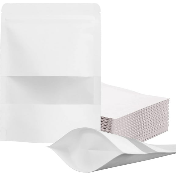 100 Pcs Resealable bags,3.5" x 5.5" Stand Up White Kraft Paper Bags with Matte Window, Zip Lock Food Storage Bags for Packaging Products, Reusable, Sealable