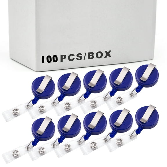 100 Pcs Retractable BLUE Badge Reel With Belt Clip For Key IDs