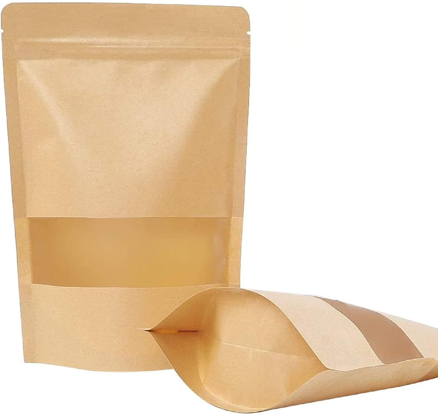100 Pcs Reusable Sealable Kraft Bags, Stand Up with Matte Window, Zip
