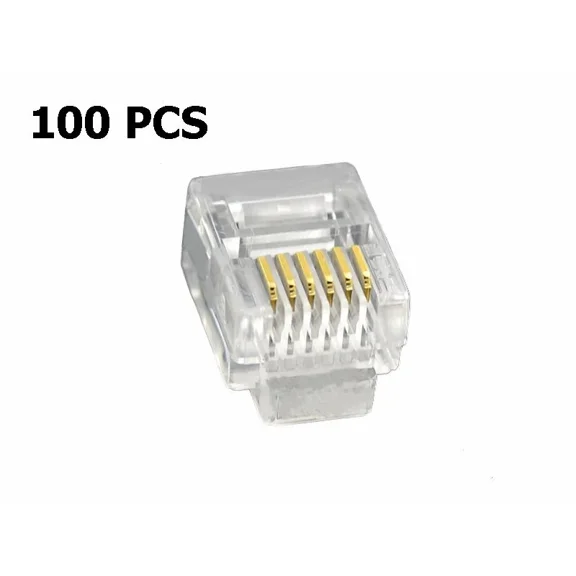 100 Pcs Rj12 Modular Plug Telephone Cable Head Gold Pins Flat Stranded Wire 6P6C
