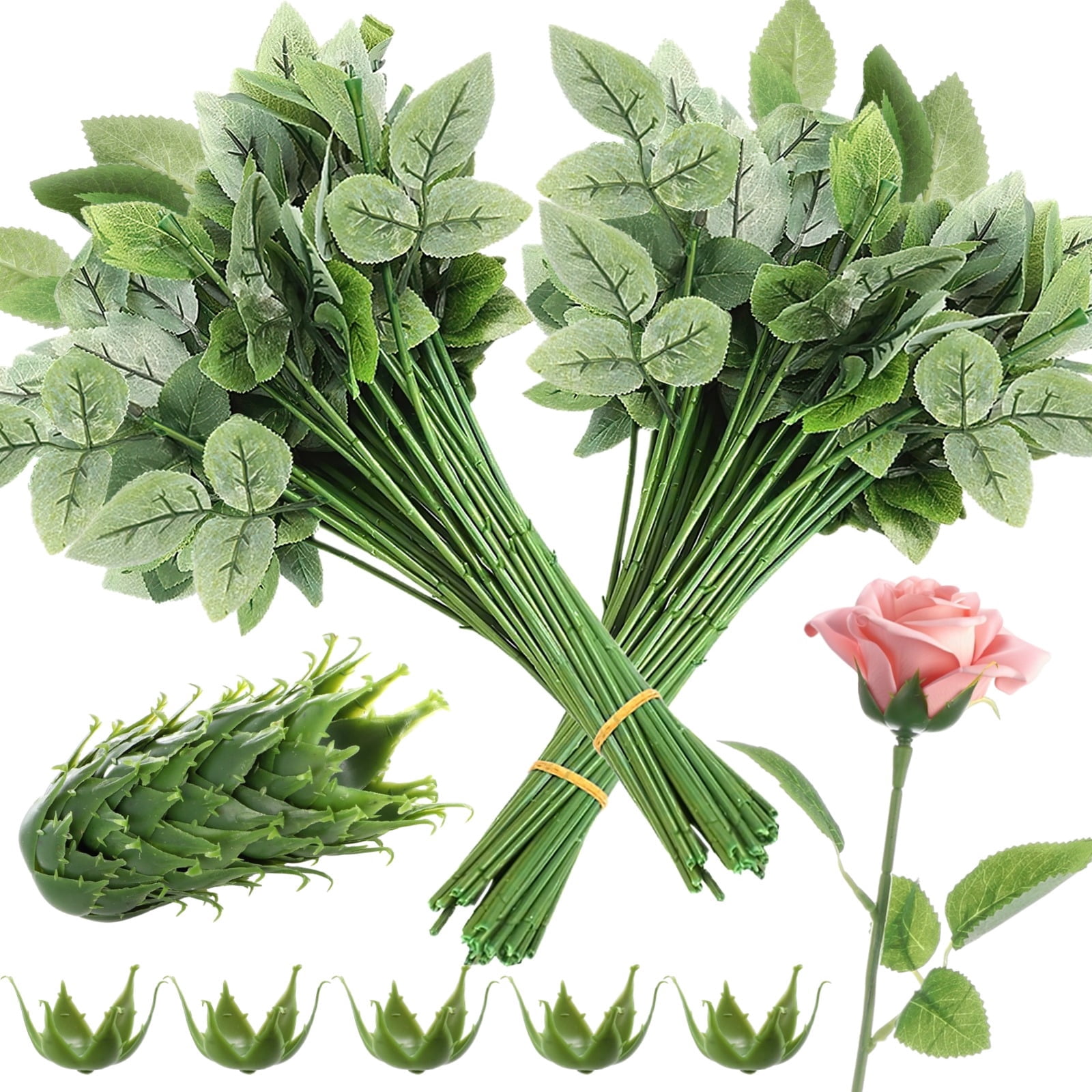 100 Pcs Rose Stems with Leaves,Fake Flower Stems,Faux Green Leaves Stems,Floral Arrangement Supplies,DIY Artificial Flowers Tools for Bouquet Wedding Party