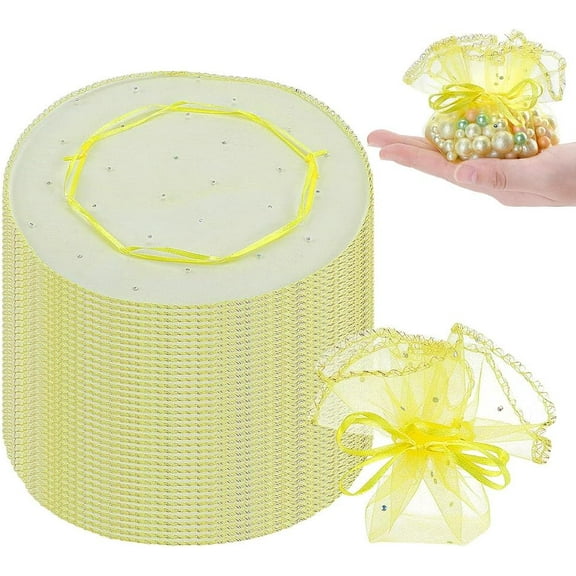 100 Pcs Round Drawstring Organza Bags With Sequins - 10.3 Inch Diameter Sheer Favor Bags DIY