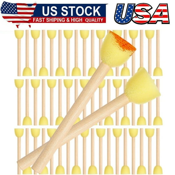 100 Pcs Round Sponges Foam Brush Set Paint Sponge Brushes with Wooden Handle
