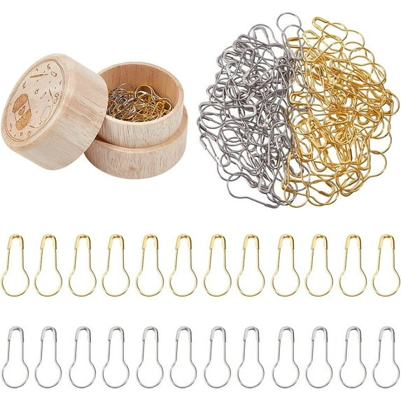 100 Pcs Safety Bulb Pins, Gourd Pins Stitch Markers Metal Calabash Pins Pear Shape Knitting Pins with Wooden Box for Crocheting Clothing Tag DIY Craft Project, Platinum & Golden