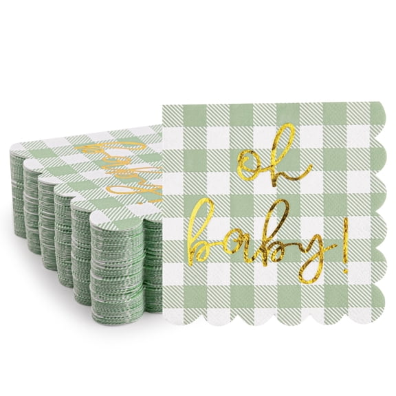 100 Pcs Sage Green Baby Shower Plaid Cocktail Napkins, Printed Gold Foil “Oh Baby" Folded 5 x 5 inches Disposable Paper for Birthday Party Celebrations
