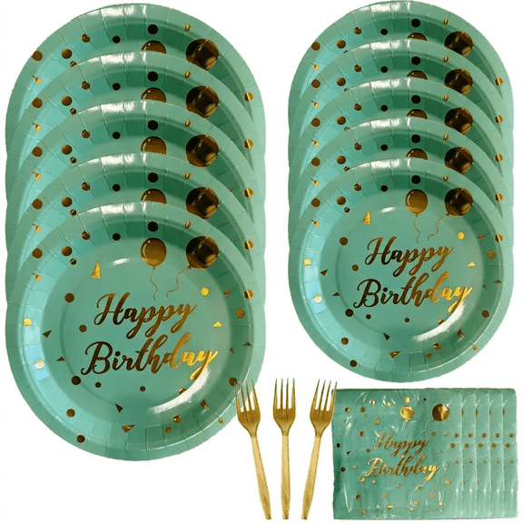 100 Pcs Sage Green & Gold Birthday Tableware Set - 7 & 9 inch Plates, Napkins, Forks for 25 Guests