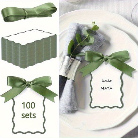 100 Pcs Sage Green Place Cards with Ribbon, Scallop Escort Cards for Wedding Reception Table Setting, Blank Name Cards for Seating Chart, Banquet Party Table Decor, DIY Guest Place Cards
