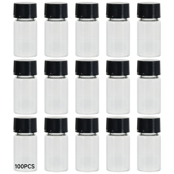 100 Pcs Sample Jars with Lids, 0.12 in (3 ml) Transparent Glass Vials with Screw Caps and PE Liners, Bottles and Jars for Reagents Essential Oils Fragrance Storage