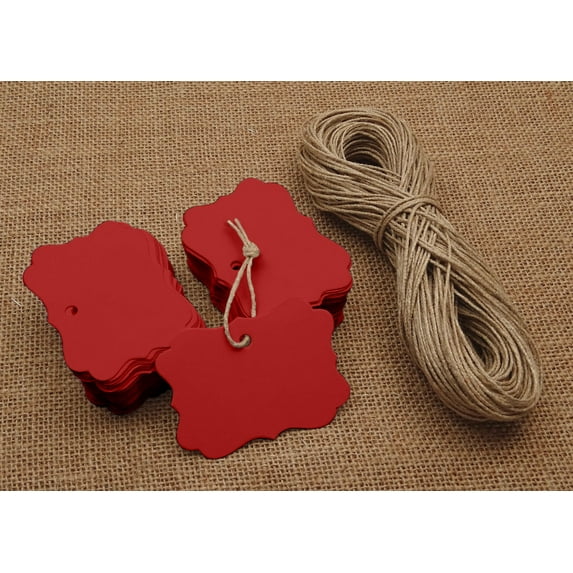 100 Pcs Scallop Edges Cardstock Hang Tag Wedding Party Favor Gift Tags With Free Natural Jute Twine - Colors Available