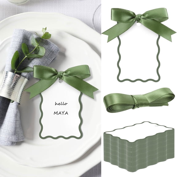 100 Pcs Scallop Name Place Cards for Table Setting DIY Wedding Placecards with Ribbon