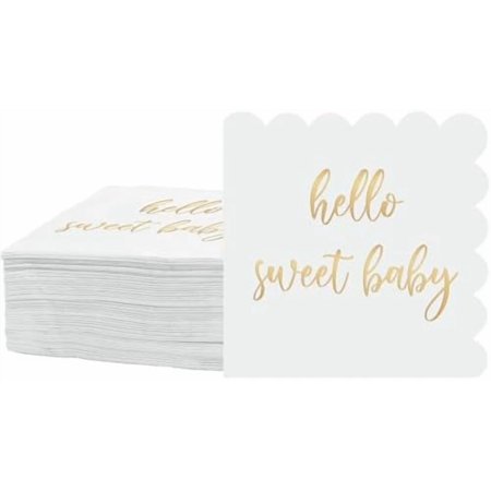 100 Pcs Scalloped Baby Shower Napkins Hello Sweet Decorations Paper White and Gold Disposable Luncheon Cocktail Napkins Folded 5 x 5 Inch for Baby Shower Party Decor